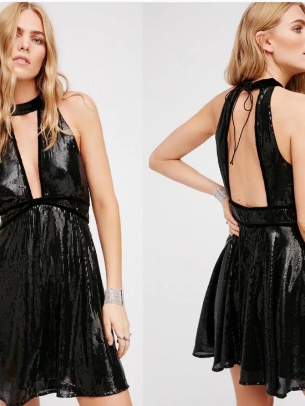 NWT Free People Black Sequin Open-Back Halter Mini Dress